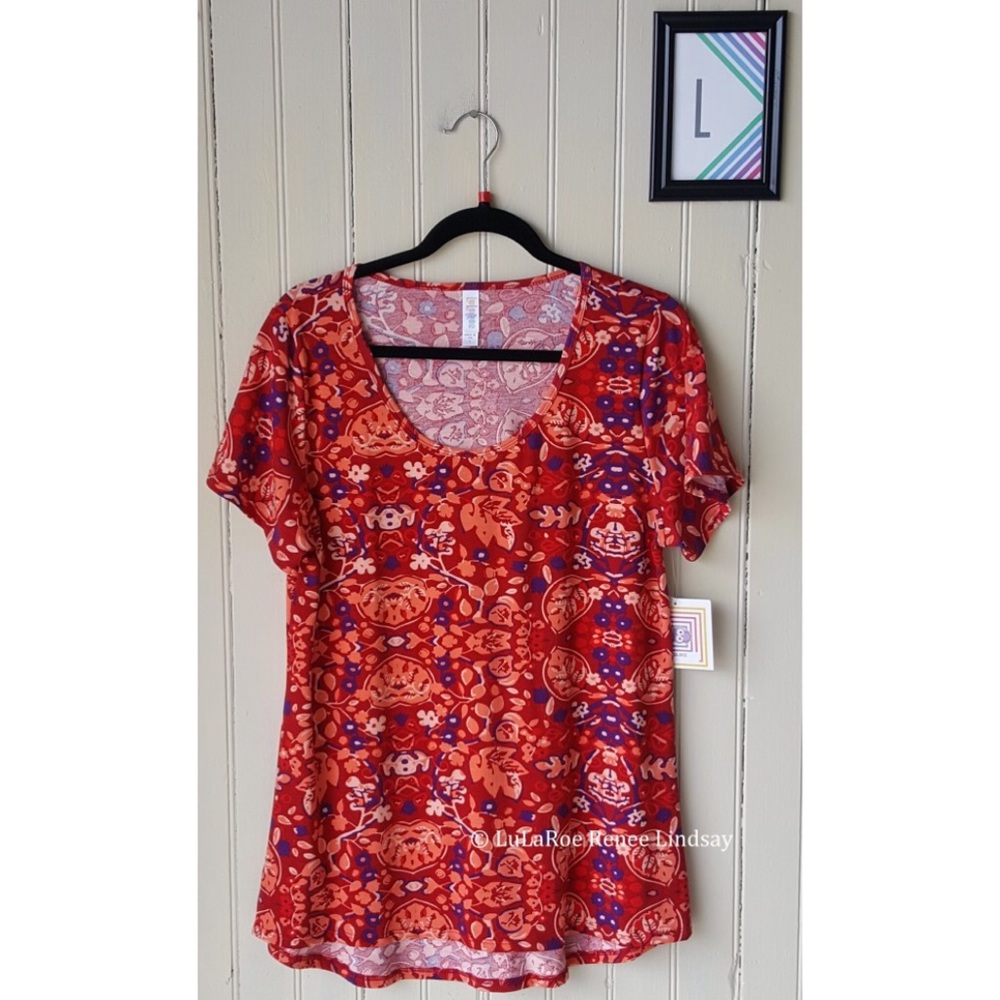 LuLaRoe Classic T Red Orange Abstract Floral Print Short Sleeve Top - Picture 2 of 5